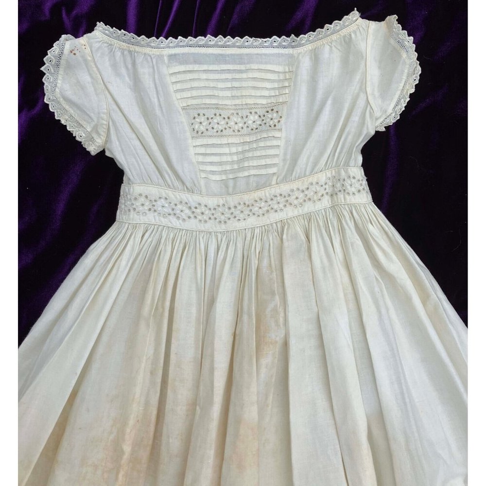 Antique 1820s Christening Girls Dress Cotton Child Regency Tucking Eyelet Doll